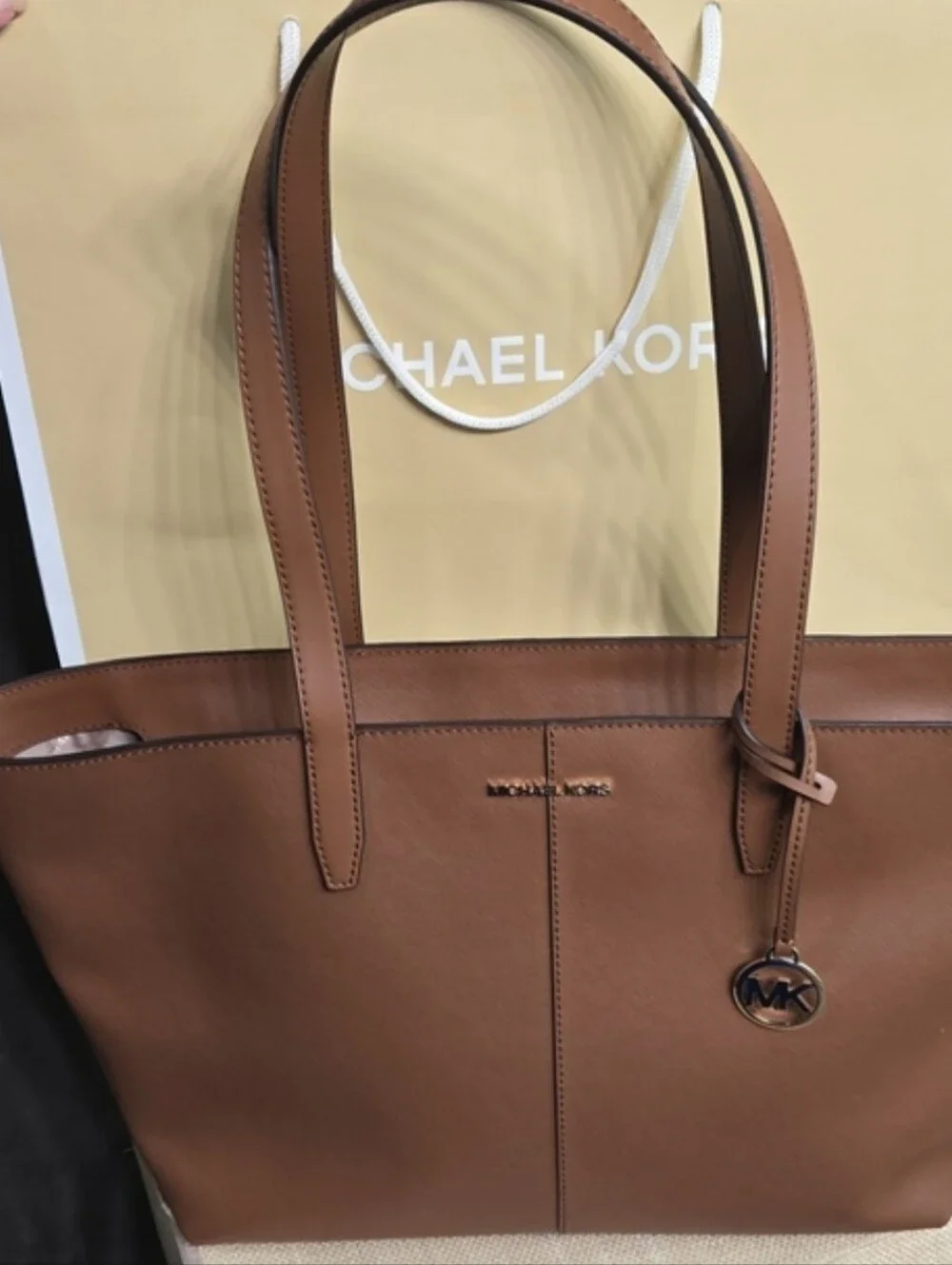 Michael Kors Brown  Leather Medium Zip Top Tote with Gold MK Charm